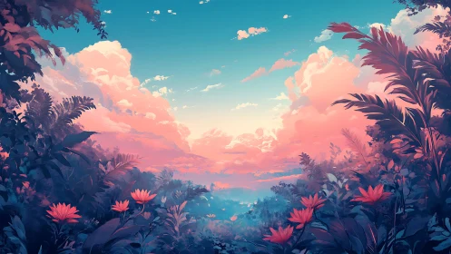 Sunset jungle paints the clouds in dreamy coral whispers