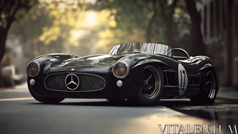 Black vintage Mercedes race car on sunlit city street.