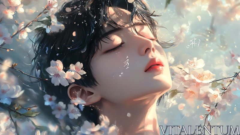 Dreamlike blossom portrait with serene closed‑eye face.