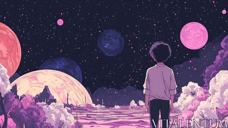 Solitary observer studies multi-planet alien sky in stylized dusk