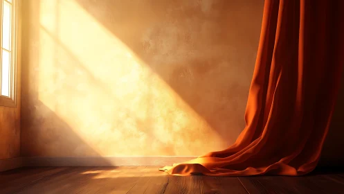 Sunlit textured wall with orange curtain in warm interior