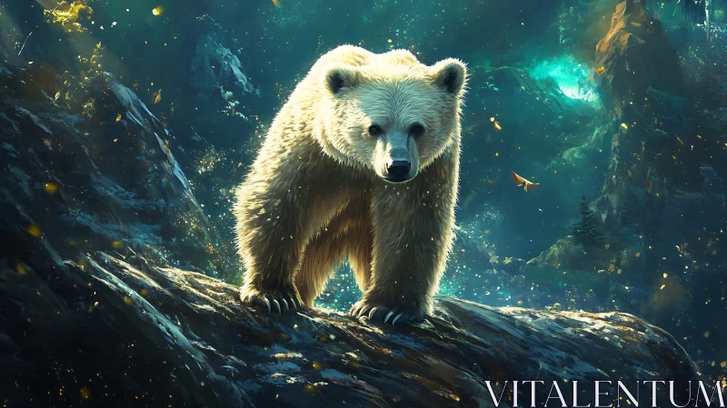 Illuminated bear on wet rock ridge under teal aurora haze