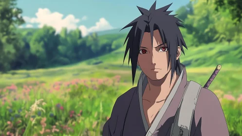 Anime swordsman in muted robes within verdant meadow scene.
