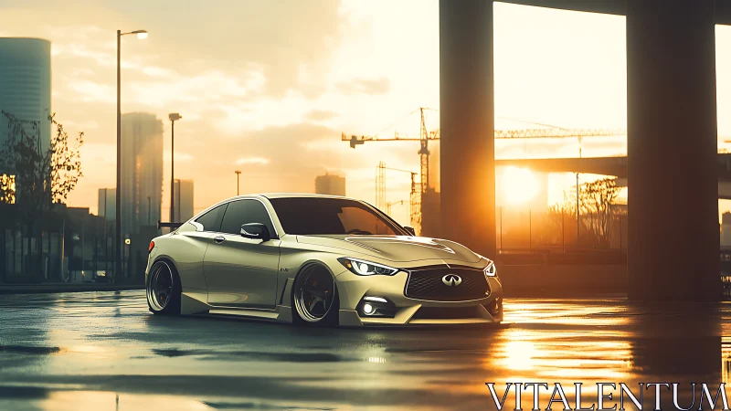 Low-slung Infiniti coupe under cinematic urban sunrise glow.