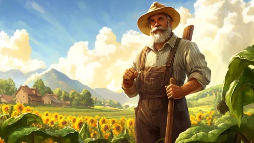 Sunlit farmer portrait in pastoral sunflower landscape painting.