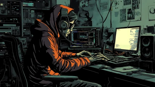 Late-night coder in a neon-lit digital hideout, deep focused.