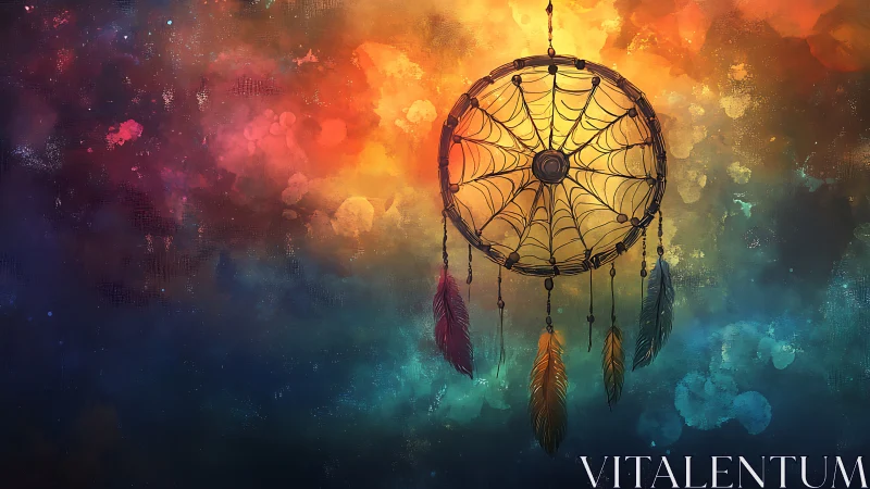 Chromatic dreamcatcher against nebular gradient skyfield.