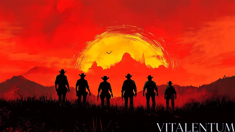 Cowboy silhouettes under blazing painterly western sunscape.