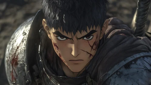 Armored swordsman with facial scars in close frontal view.