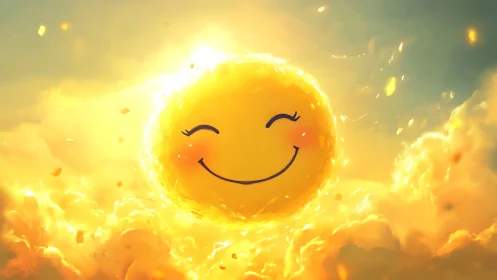 Radiant smiling sun floats warmly amid glowing golden clouds.