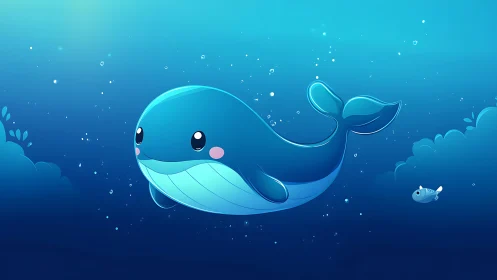 Cartoon blue whale glides through stylized luminous seascape