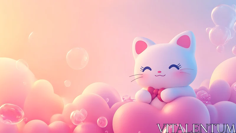Ethereal Cat Dreams Among Pastel Cloud Spheres.