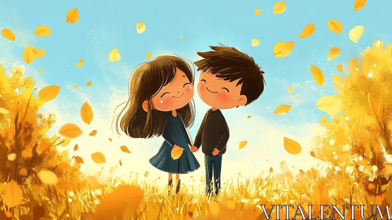 Two Children Kissing in Autumn Field with Falling Leaves