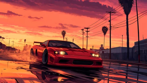 Red drift car sliding on wet city street at sunset.