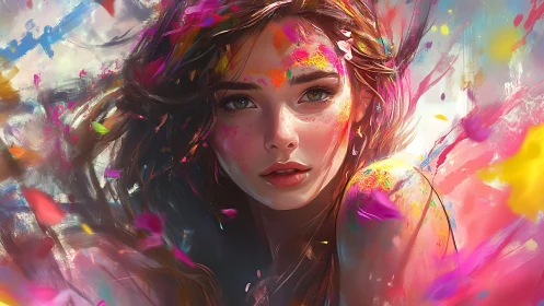 Vivid digital portrait of woman with colorful paint burst