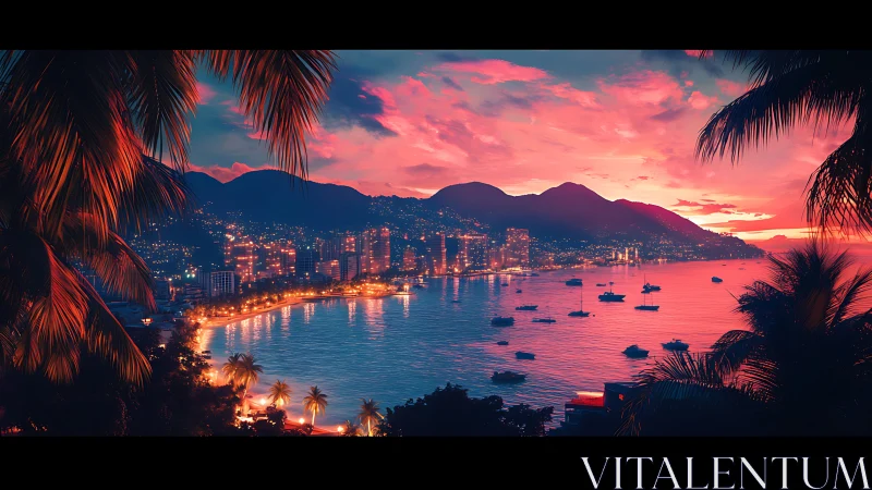 Tropical bay cityscape glows under cinematic neon sunset sky