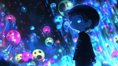 Child wandering through a glowing dream of jellyfish lights.