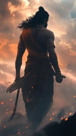 Warrior silhouette stands in glowing clouds with sword drawn