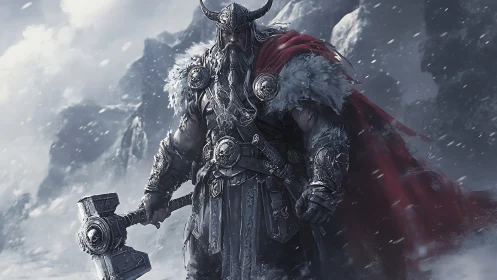 Stormborn Viking warrior stands tall in a frozen mountain gale