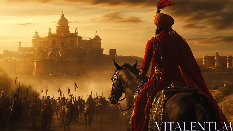 Warrior on horseback surveys golden fortress at dusk