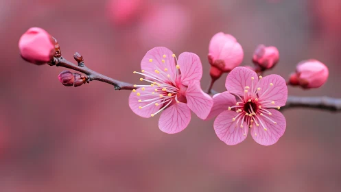 Pink Plum Blossoms with Buds on Branch Photographed in Macro Detail.