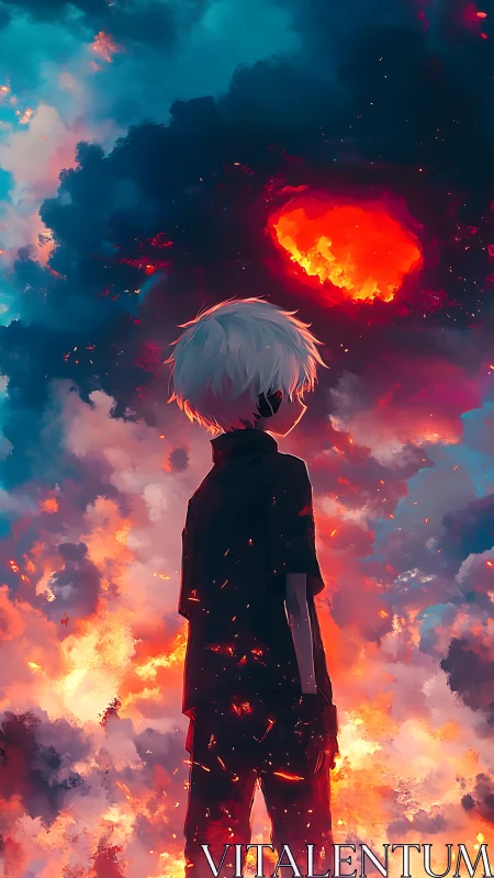 White-haired figure watches burning sky in vivid clouds.