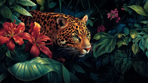 Leopard emerging from dense tropical foliage at night.