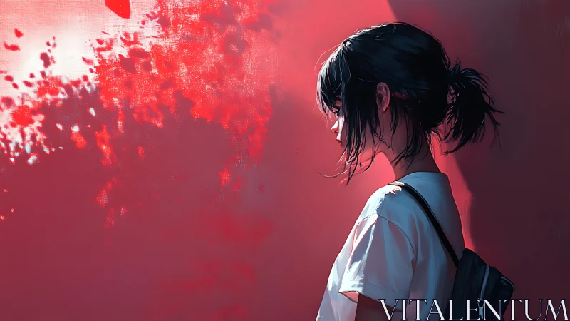 Side-lit girl against textured red wall in high-contrast profile