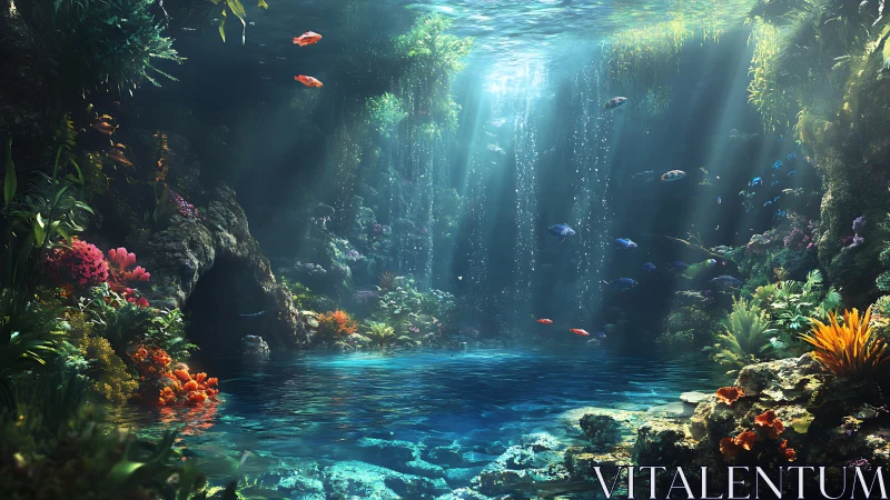 Sunlit underwater grotto reveals vibrant coral sanctuary