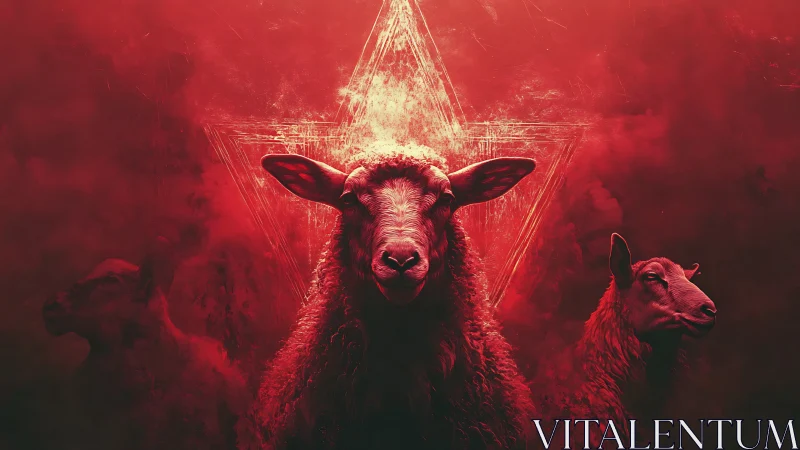 Red-lit sheep trio before distressed glowing pentagram