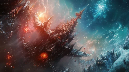 Cosmic inferno citadel slicing through glacial nebula sky.