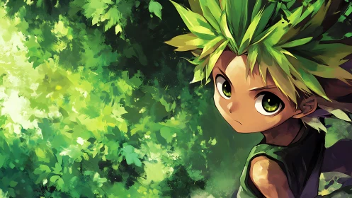 Forest-eyed child emerges from luminous green canopy