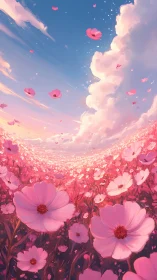 Sweeping pink cosmos field curves into a luminous sunset sky