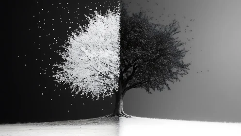 Half-shadow dreaming tree in drifting light and darkness.