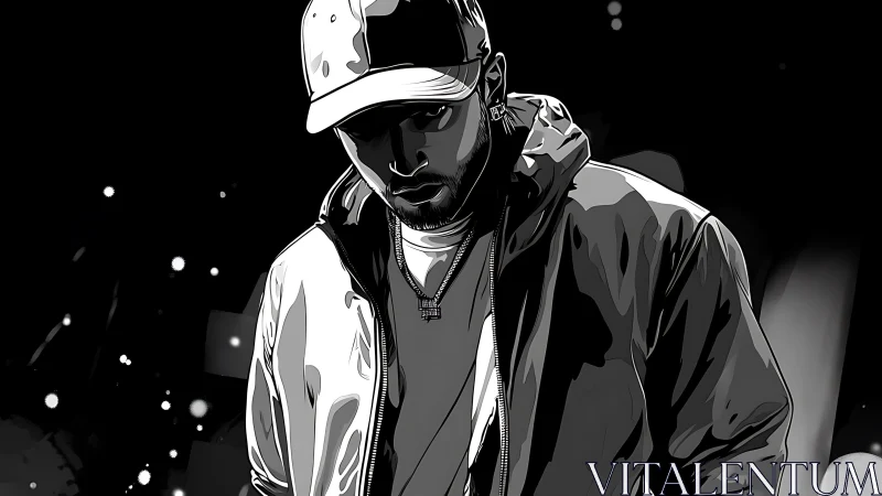 Monochrome digital portrait depicts hooded figure in cap