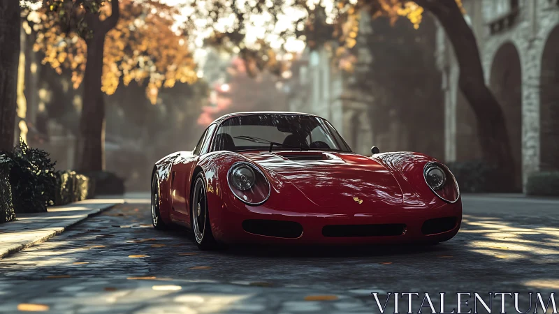 Low-angle autumn streetscape with red classic sports coupe.