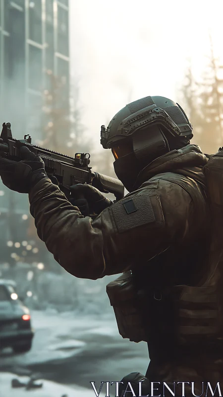 Tactical soldier with rifle in urban winter combat zone.