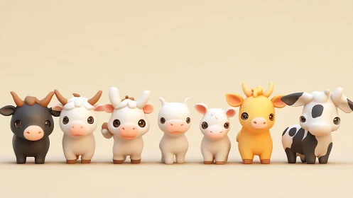 Row of stylized 3D chibi cows rendered in soft pastel lighting