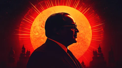 Silhouetted leader profile aligned with radiant solar disc backdrop