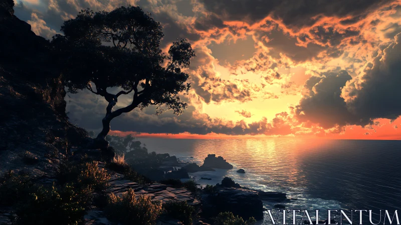 Coastal cliff tree silhouetted against dramatic sunset sky.