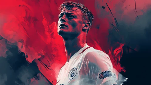 Dynamic football portrait in red and cyan digital strokes.