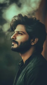 Pensive bearded man gazes upward in soft moody light