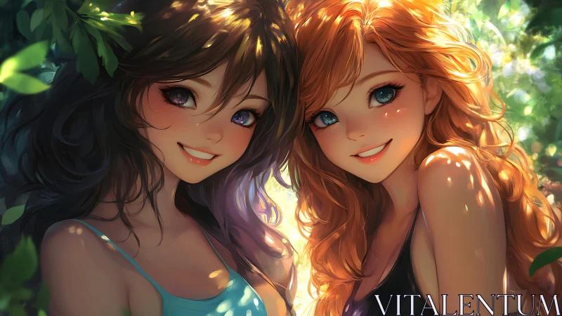 Sunlit anime friends share bright smiles in lush greenery.