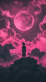 Silhouetted warrior under vivid magenta lunar sky.