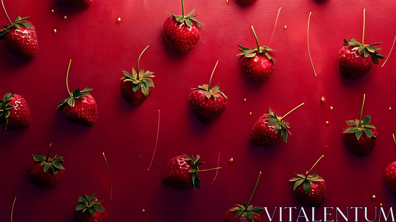 Strawberries arranged on red background surface in grid pattern.