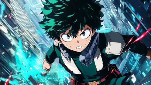 Skyline sprint of a wild‑haired urban anime hero.