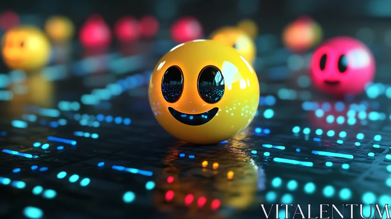 Smiling neon emoji orbits on a glowing digital dancefloor.