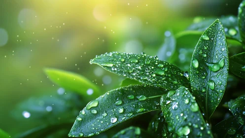 Morning dew on glossy green leaves in radiant backlight.