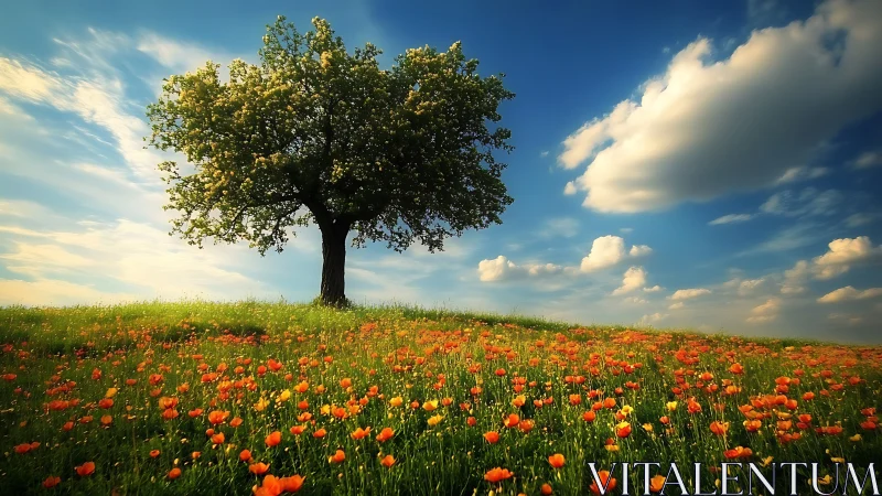 Solitary tree crowns a wildflower meadow under vivid sky