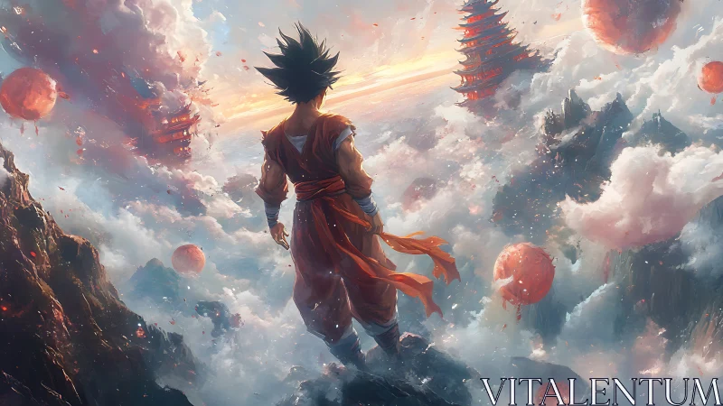 Solitary warrior overlooking floating temples and clouds.